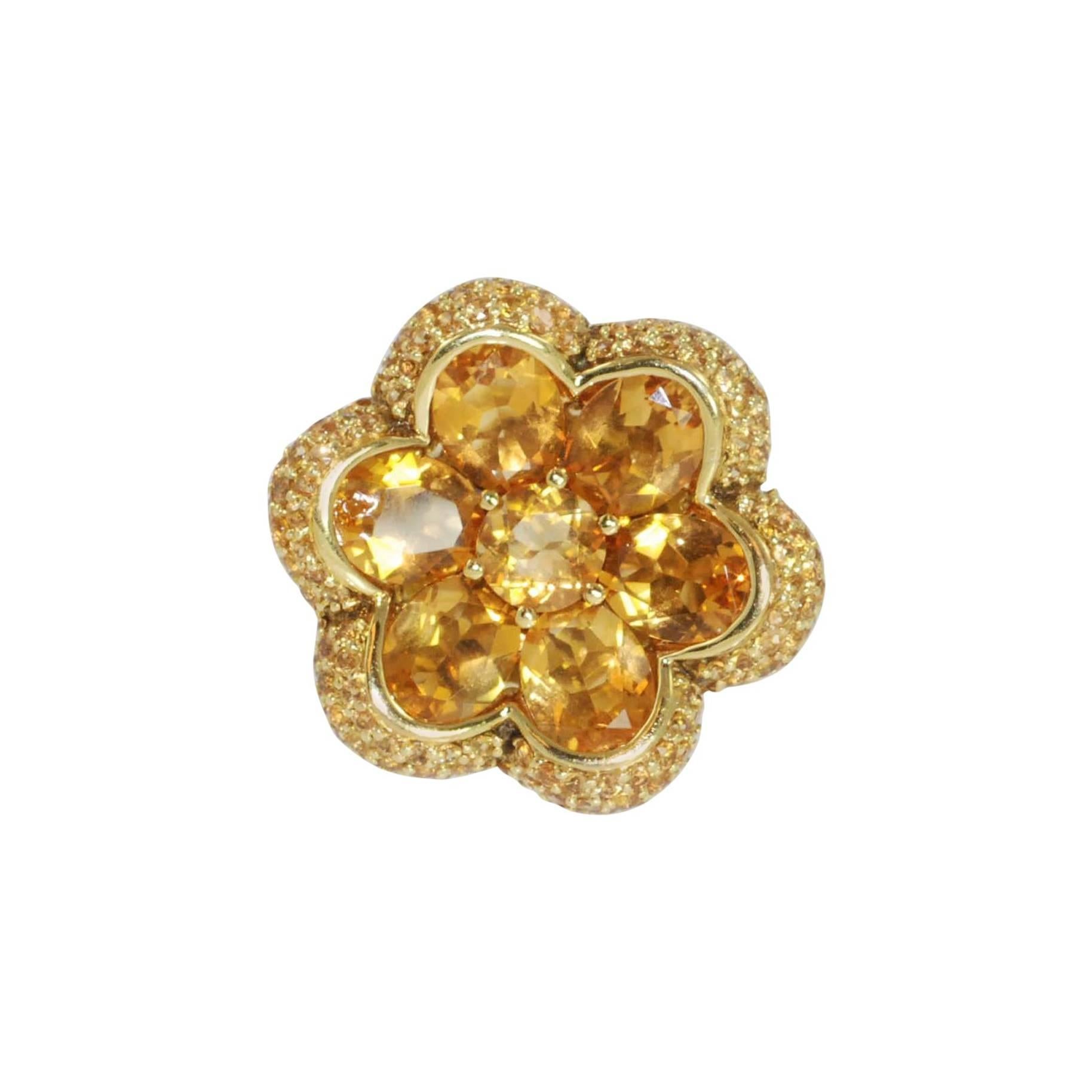 Citrine Yellow Sapphire Gold Flower Ring For Sale