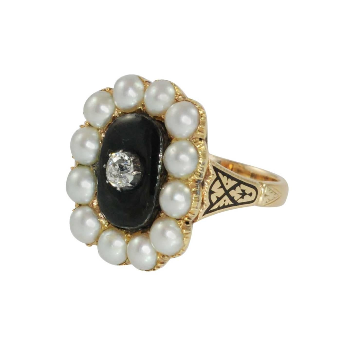 Victorian Pearl Black Enamel Diamond Gold Ring
