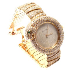 Cartier Ladies Yellow Gold Panther Panthere Diamond Emerald Bracelet Wristwatch