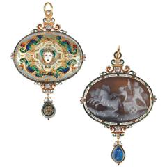 Antique Renaissance Revival Enamel Sapphire Ruby Diamond Cameo Pendant 4