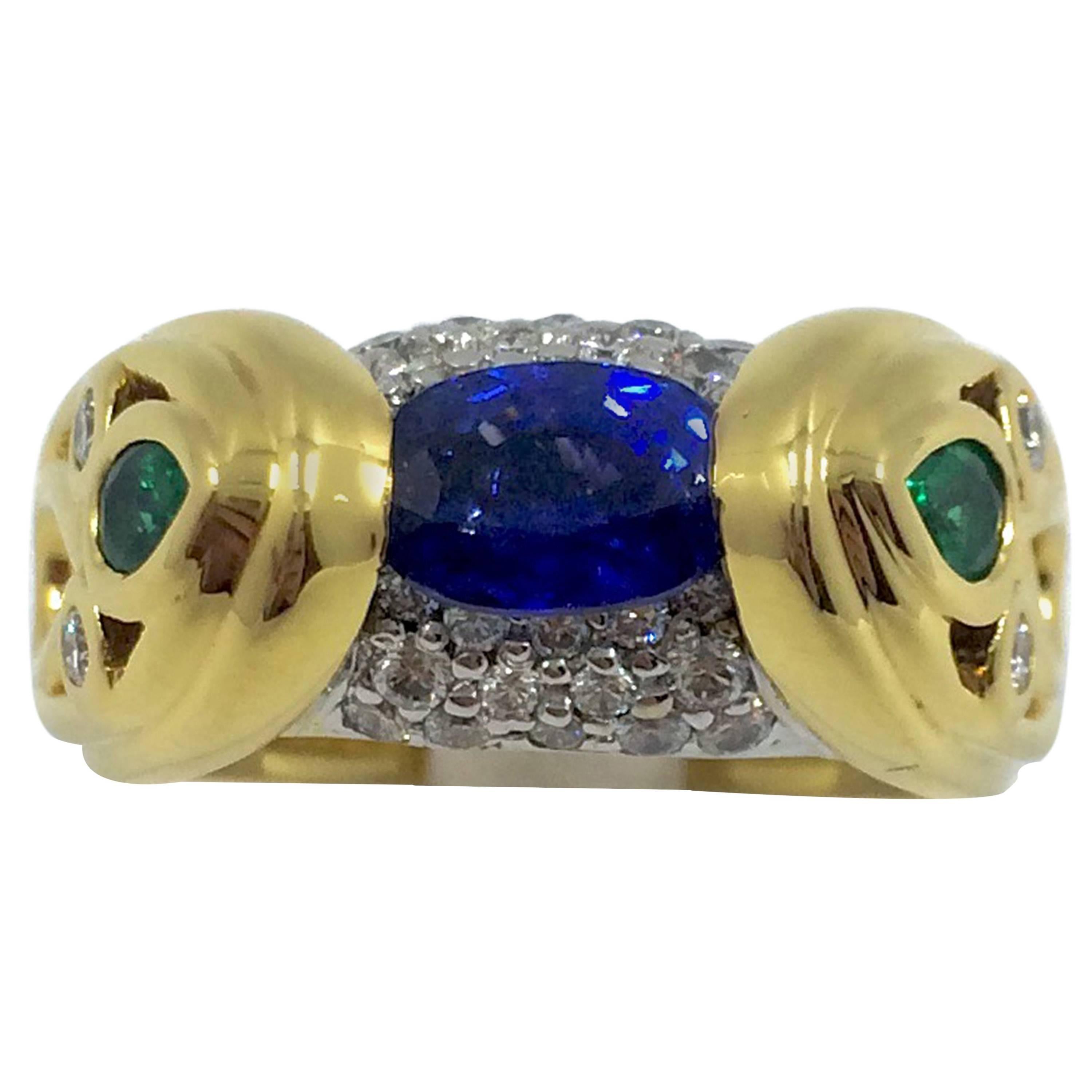 Sapphire Emerald Diamond Cocktail Gold Ring For Sale