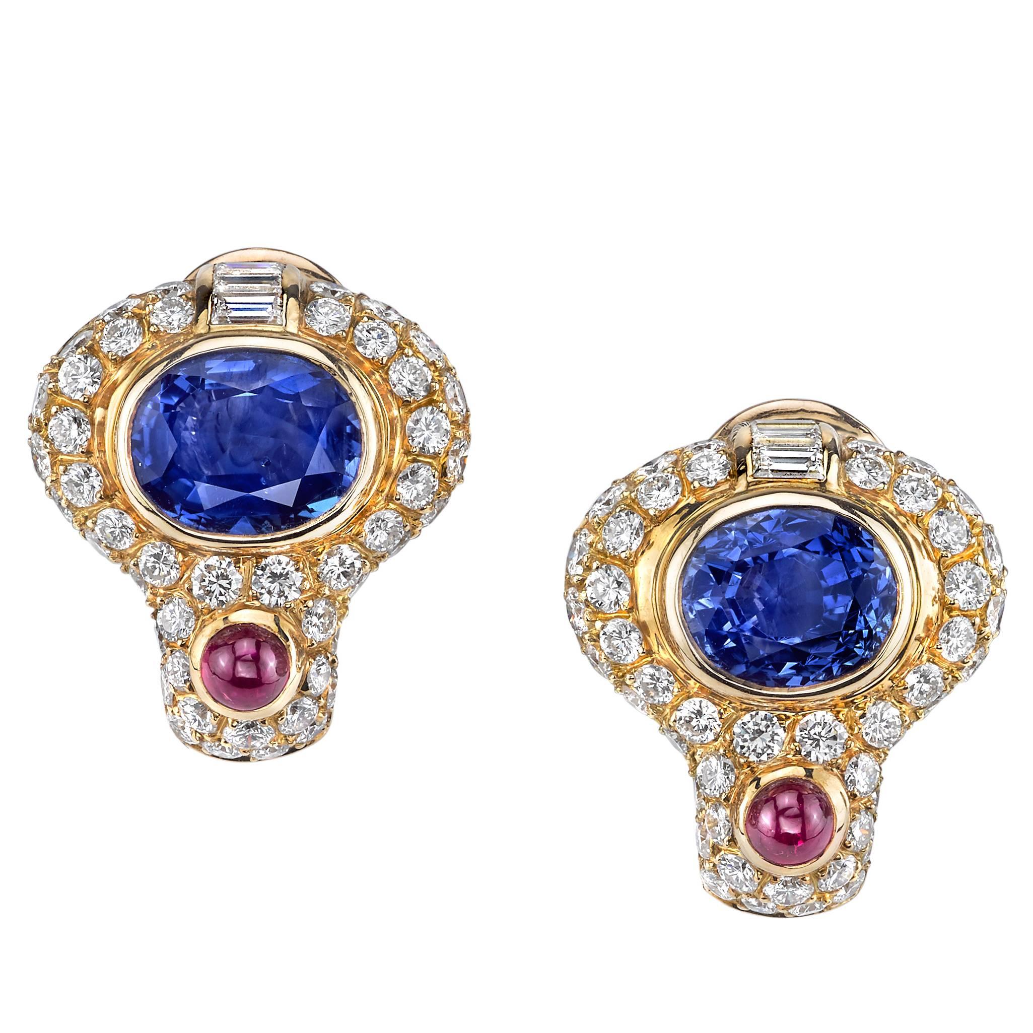 Bvlgari Blue Sapphire Ruby Diamond Gold Earrings