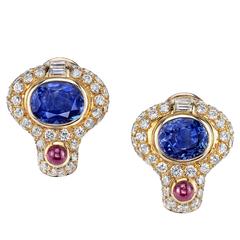 Bvlgari French Diamond Sapphire Ruby Gold Earrings 7
