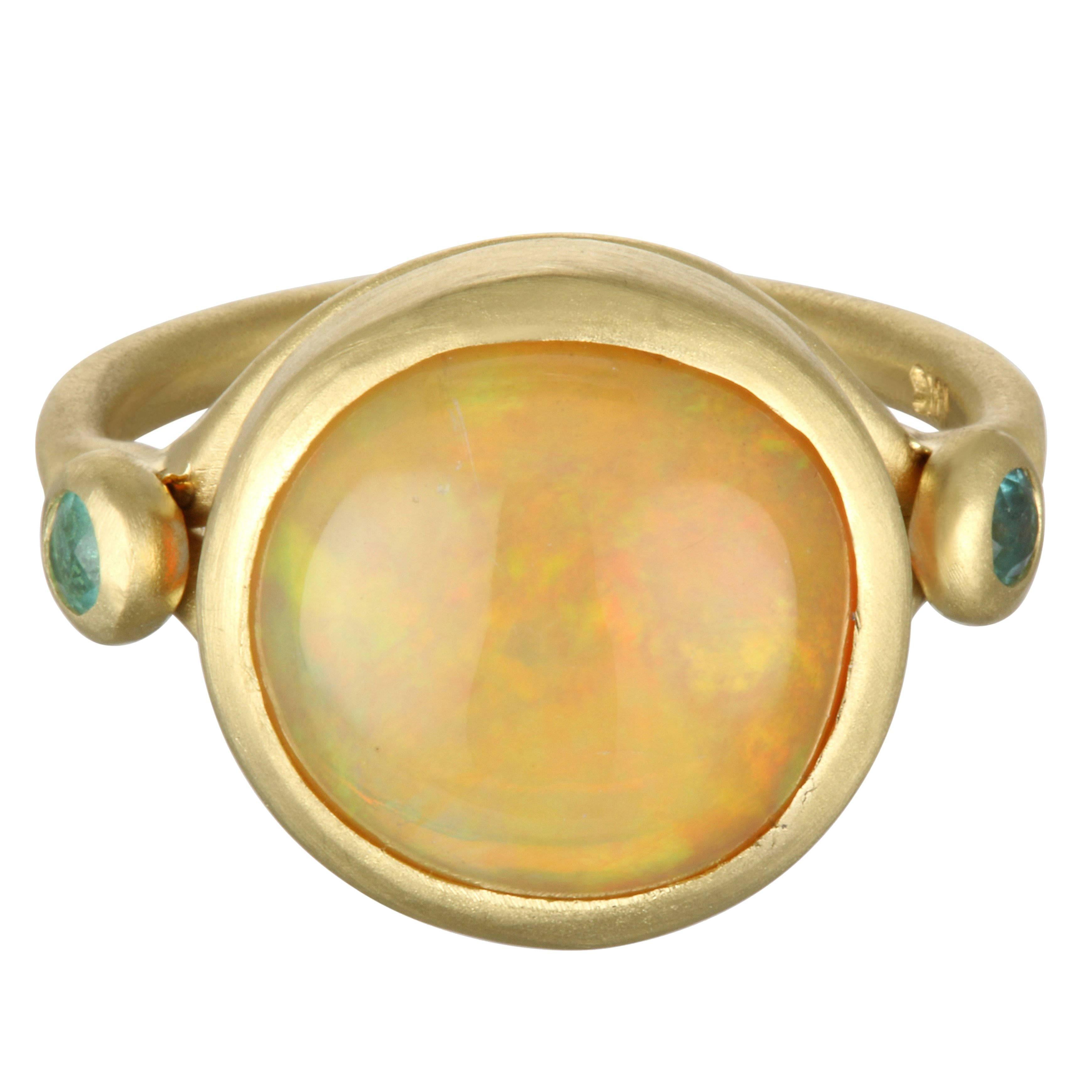 Faye Kim Round Mexican Opal Cabochon and Paraiba Tourmaline Gold Ring