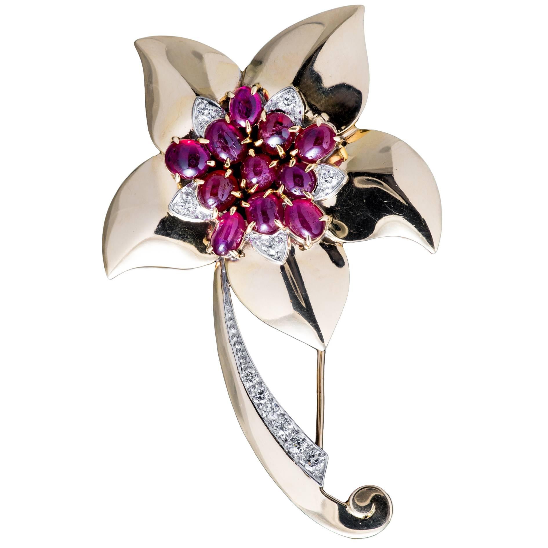 Marcus & Co Retro Ruby Diamond Flower Brooch