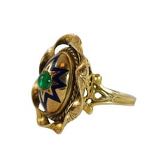 Blue Enamel Cabochon Emerald Yellow Gold Ring