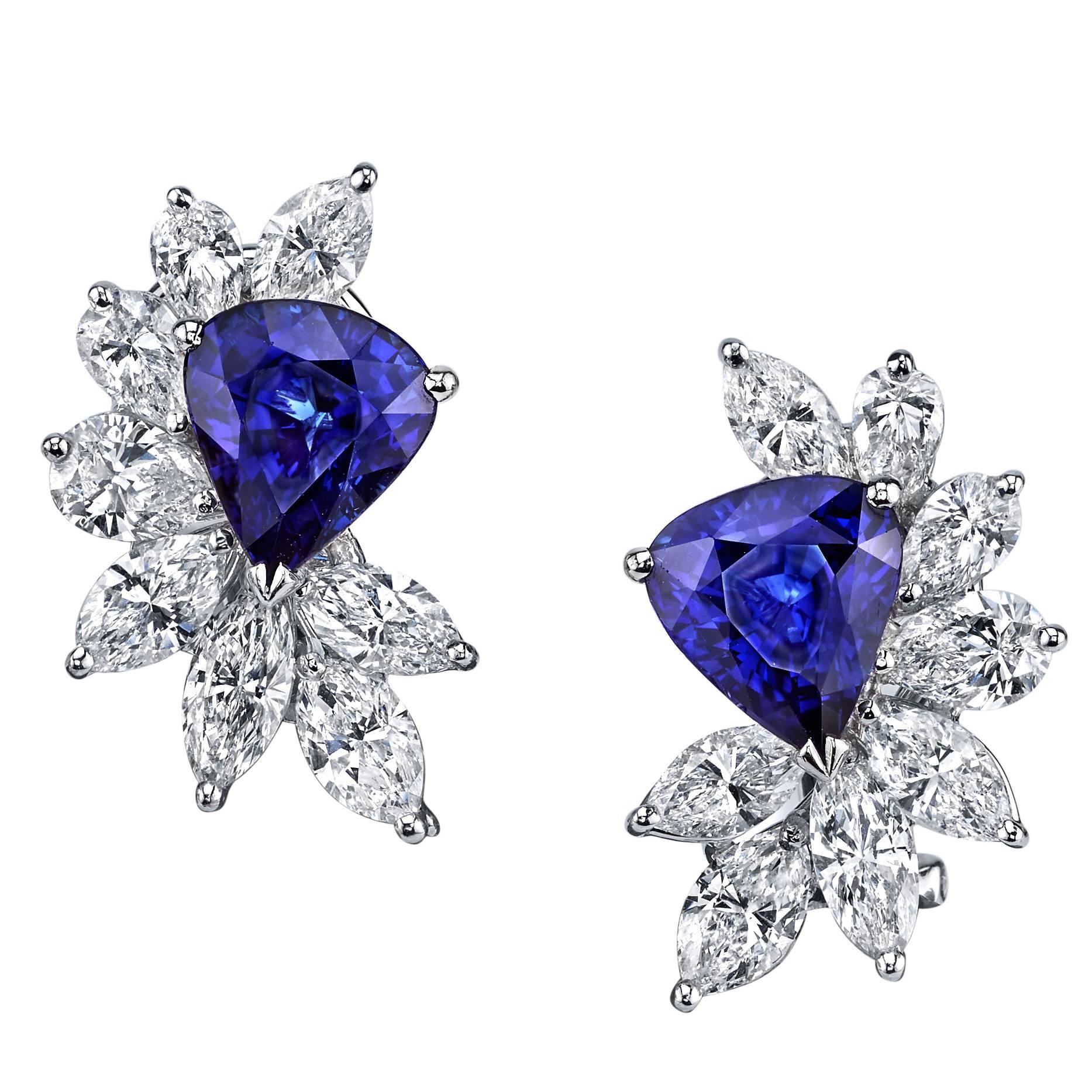Spectacular Blue Sapphire Diamond Cluster Earrings For Sale