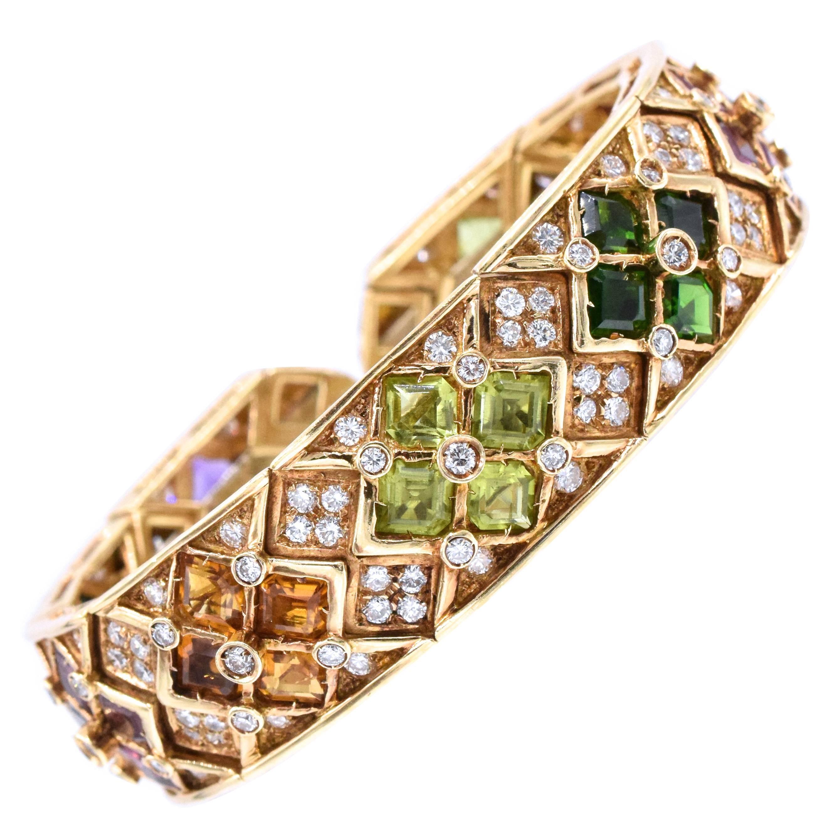 Multicolor Semi, Precious and Diamond Cuff Bracelet