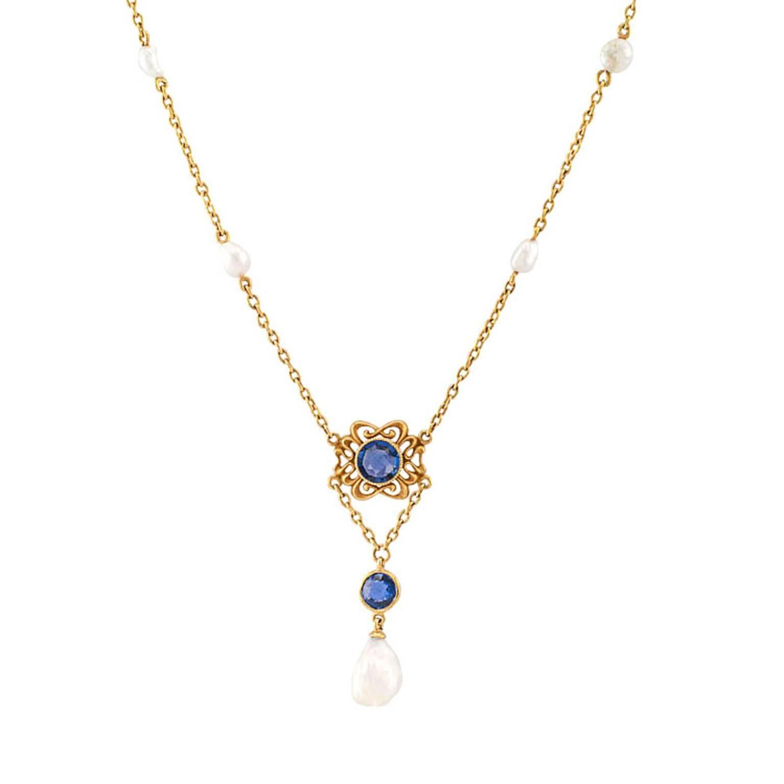Art Nouveau Sapphire and Pearl Necklace Attributed to Krementz

Art Nouveau pearl and sapphire necklace mounted in 14-karat gold attributed to Krementz circa 1905.  Decorated on the front by an organic motif defined by delicate open work centering