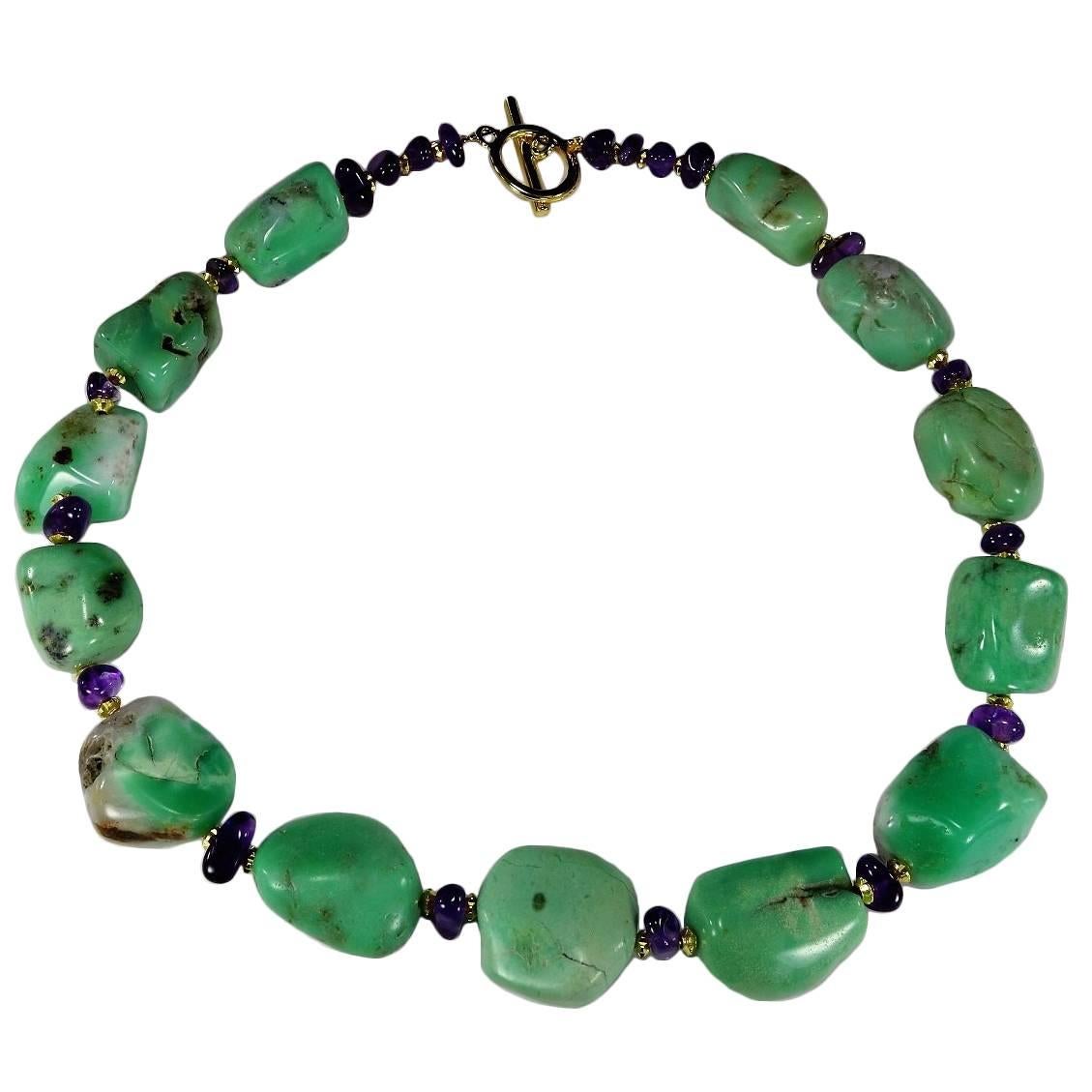 Custom made Necklace of Polished Amethyst Pebbles and Polished Chrysoprase Nuggets with fluted gold tone accents.    Purple and Green together are beautiful!  These Chysoprase nuggets are 25x20 to 23x17mm.  This unique  necklace is secured with a