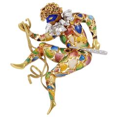 Vintage Diamond Enameled Two Color Gold Court Jester Pin