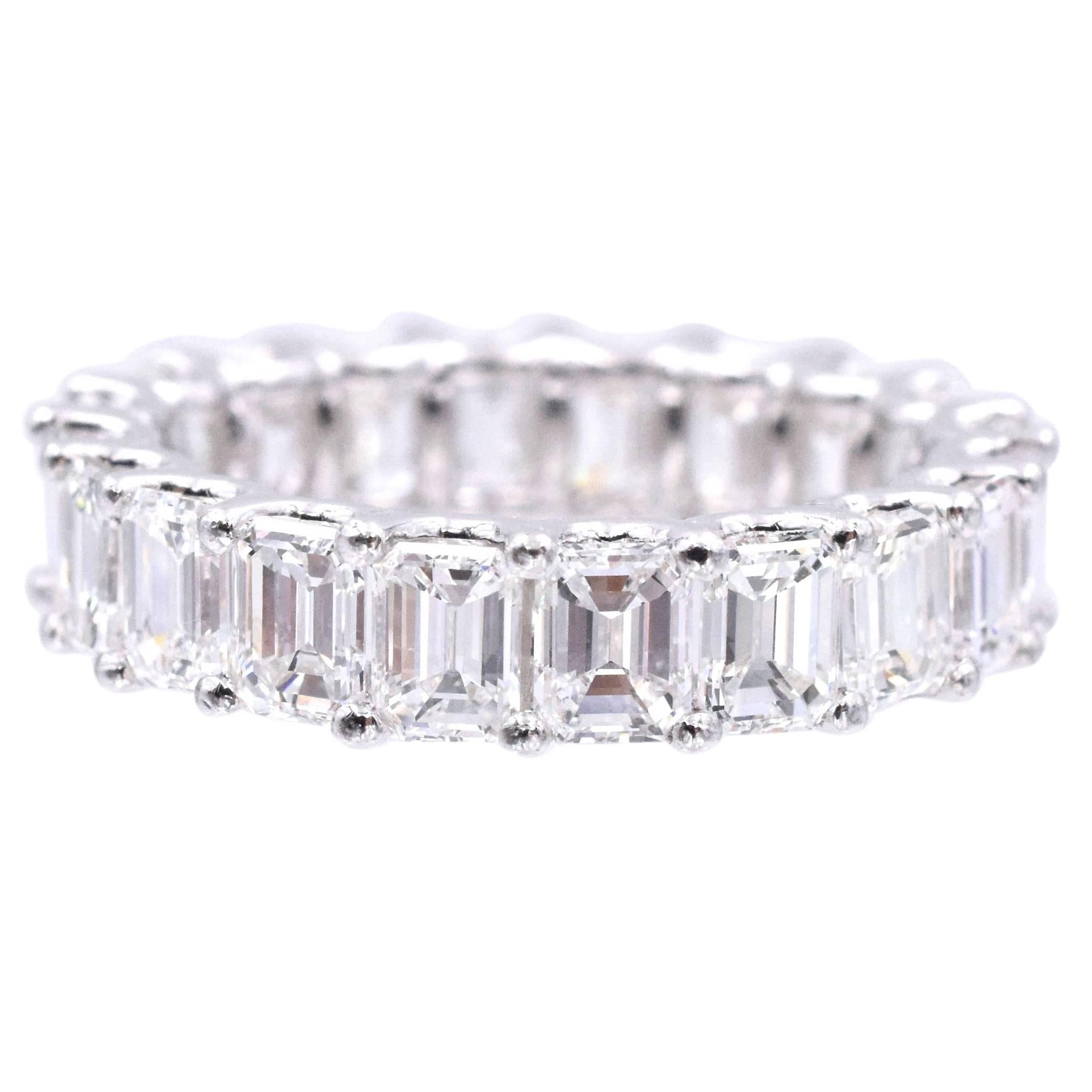 Nally Jewels 5.40 Carat Emerald Cut Diamonds Platinum Eternity Band Ring For Sale