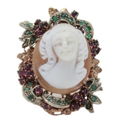 Vintage Cameo Garnet Emerald Diamond Silver Gold Cluster Ring