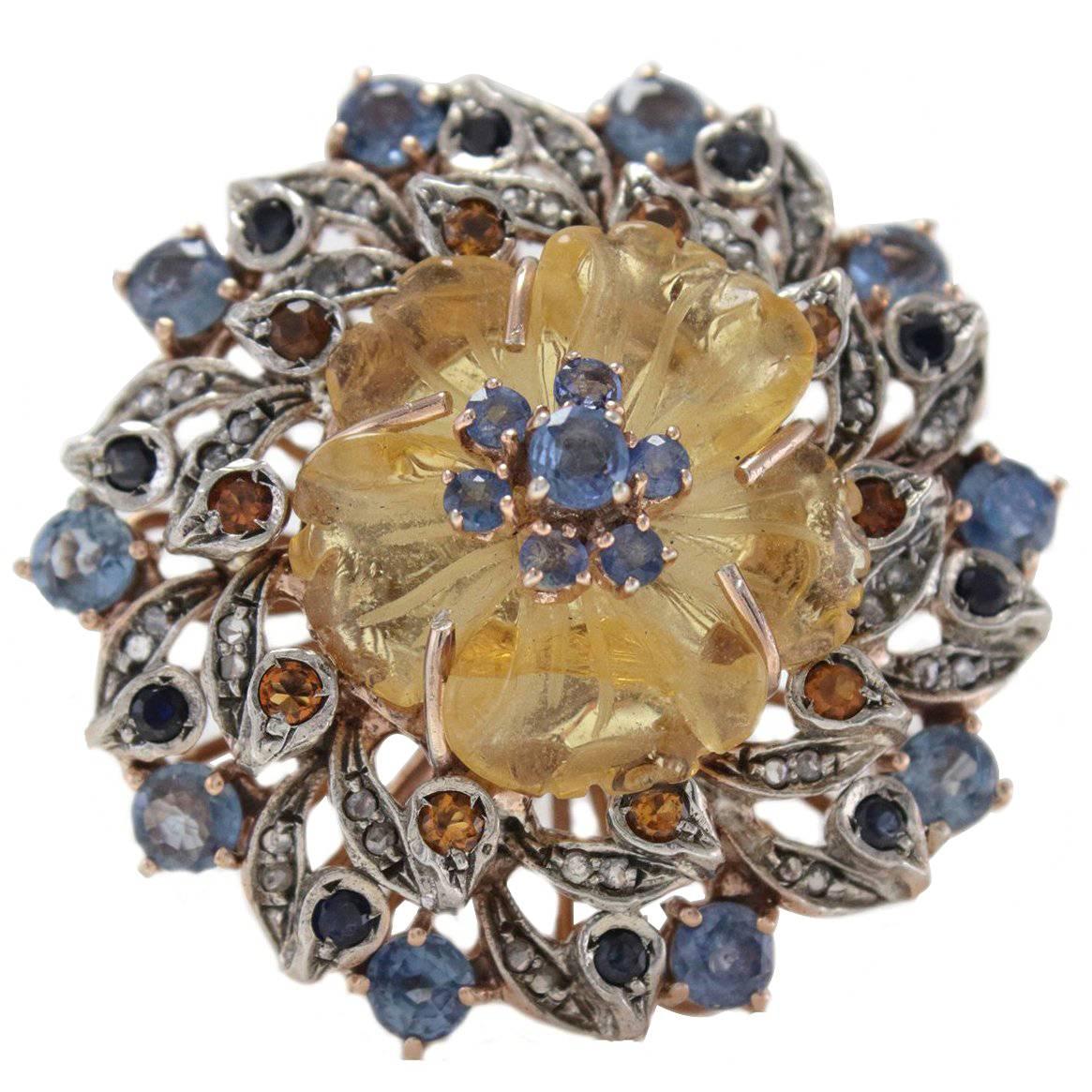 Sapphire Topaz Quartz Diamond Silver Gold Daisy Ring For Sale