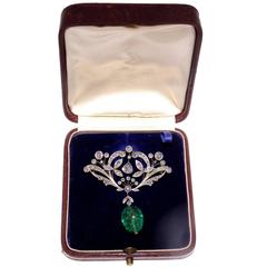 French Belle Epoque Diamond Emerald Platinum Brooch