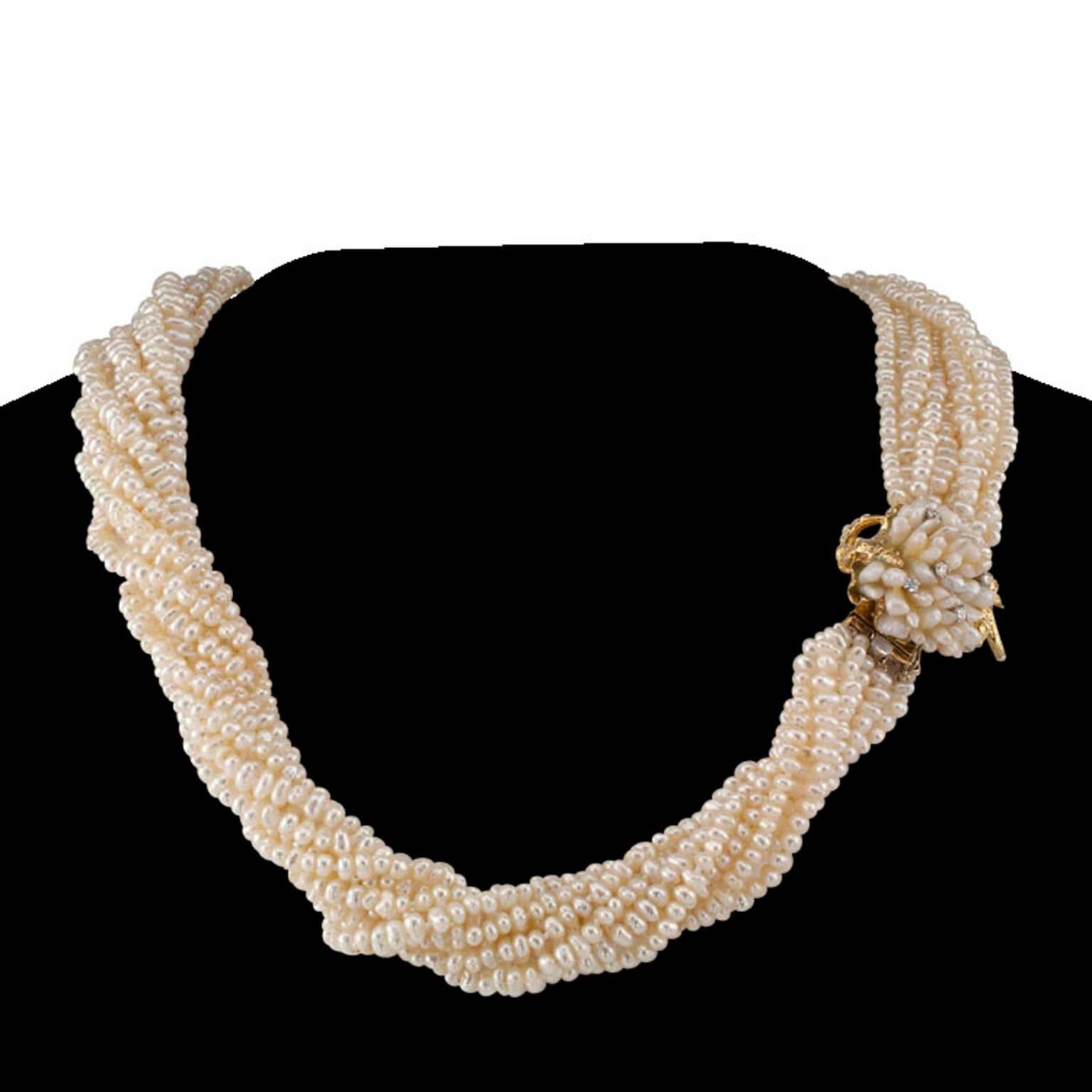 Modern 1970s Biwa Pearl Diamond Gold Torsade Necklace