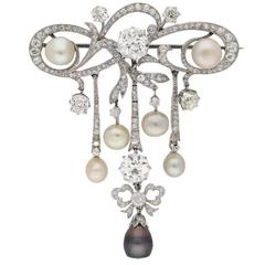 Belle Époque natural pearl diamond pendant brooch 5