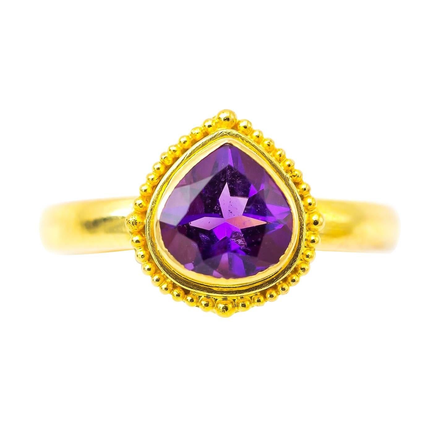 Pear Shaped Amethyst in Detailed Gold Bezel Ring