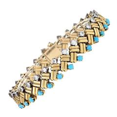 Van Cleef & Arpels 1950's Turquoise Diamond Gold Link Bracelet 11