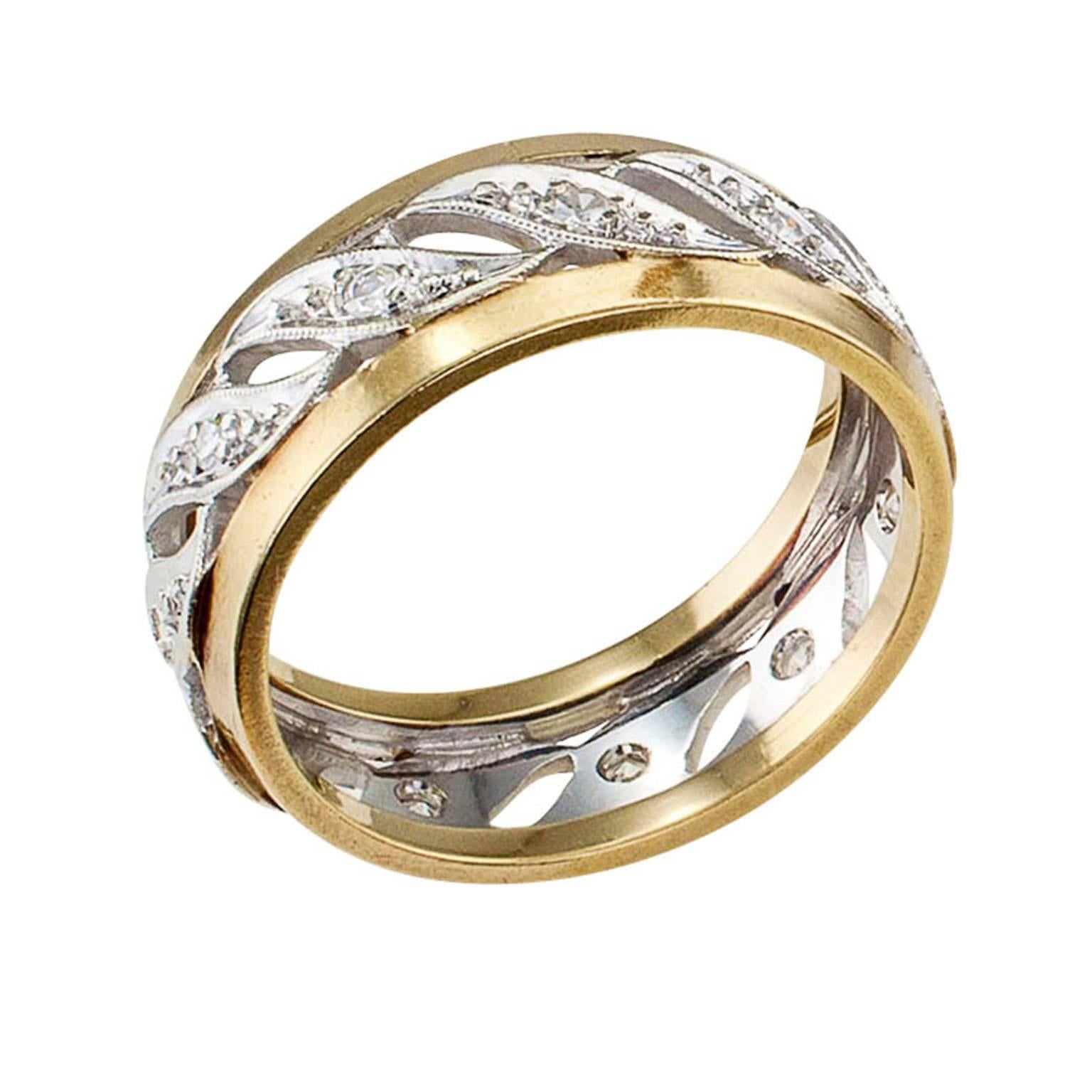 Retro 1940s Two Color Gold Diamond Wedding Band Ring