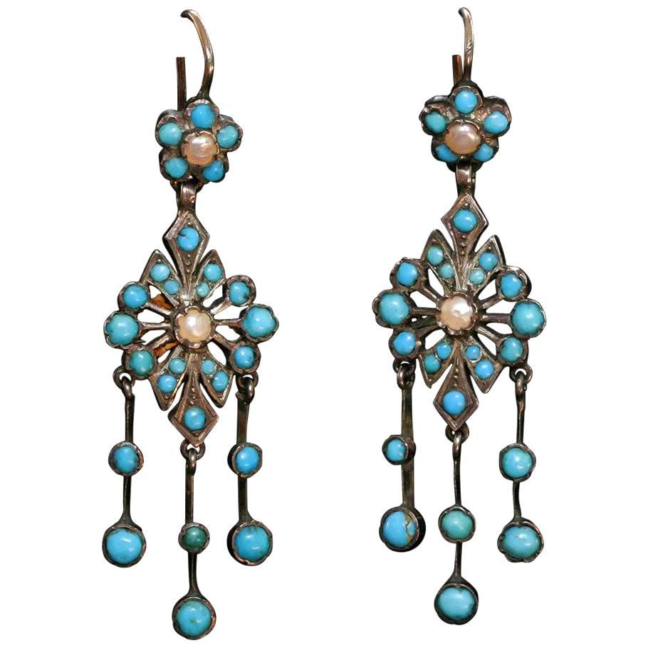 Victorian Turquoise Chandelier Earrings For Sale