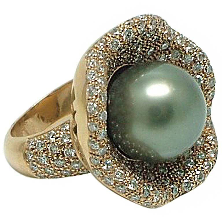 Tahitian Cultured Pearl Gold Water Lily Cocktail Ring For Sale