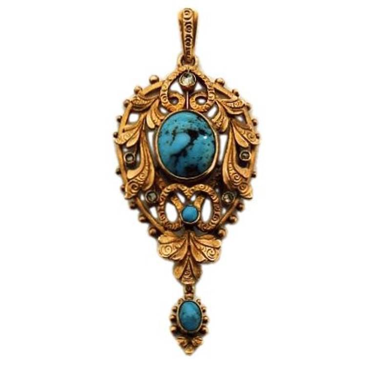 Art Nouveau Turquoise Diamond Gold Pendant For Sale