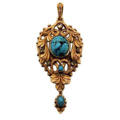 Art Nouveau Turquoise Diamond Gold Pendant 8
