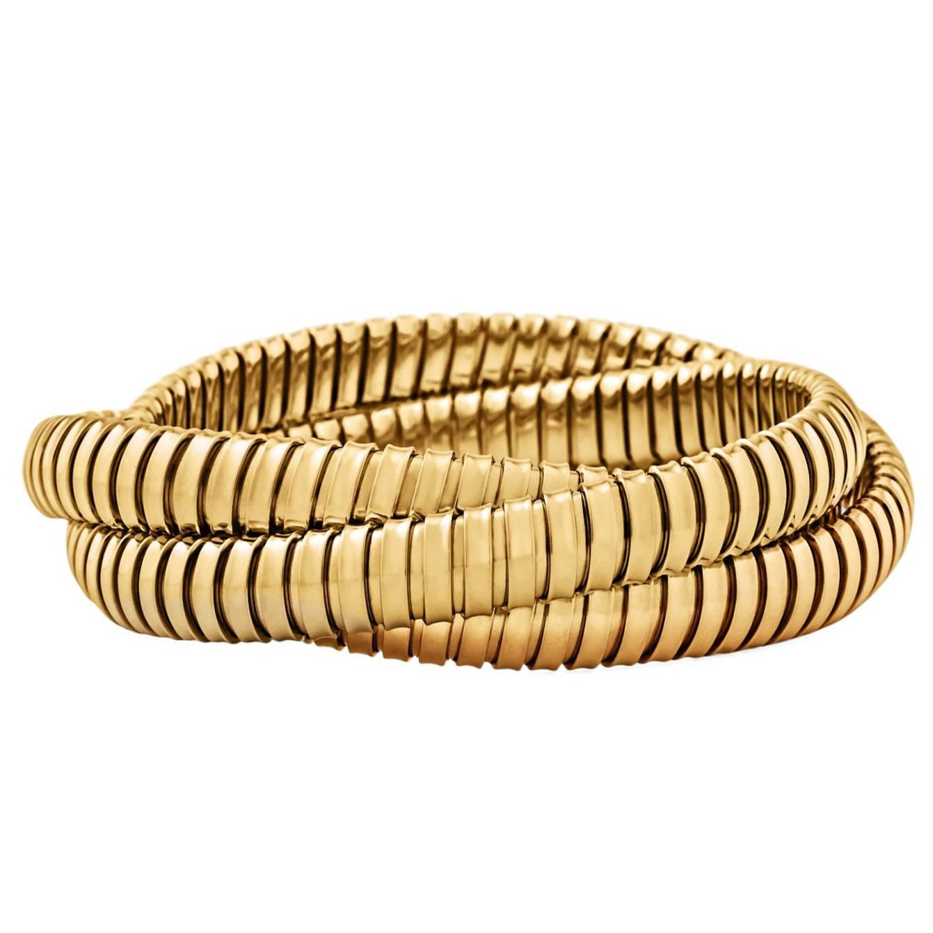 Handmade Gold Three Strand 9mm Tubogas Rolling Bangle Bracelet For Sale