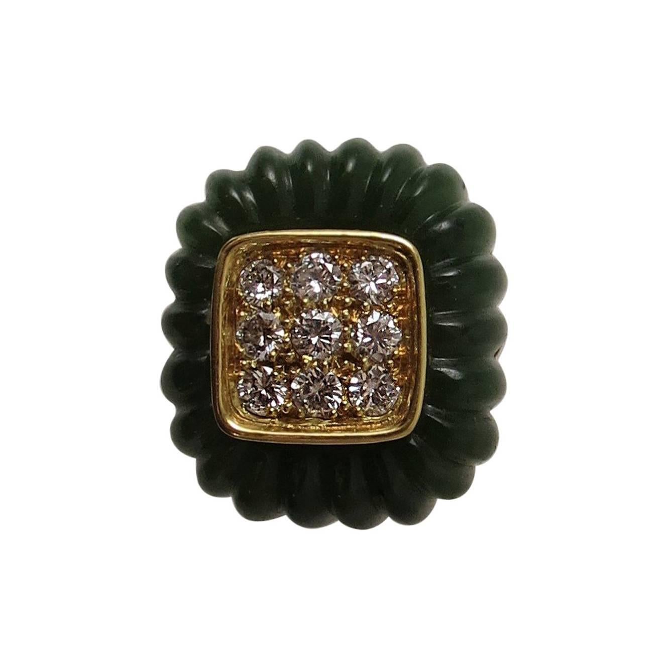 1980s Montreaux Nephrite Jade Diamond Gold Ring
