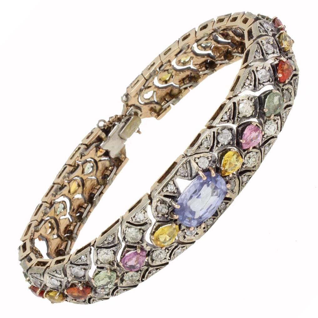 Multicolor Sapphires and  Diamond Rose Gold and Silver Bracelet