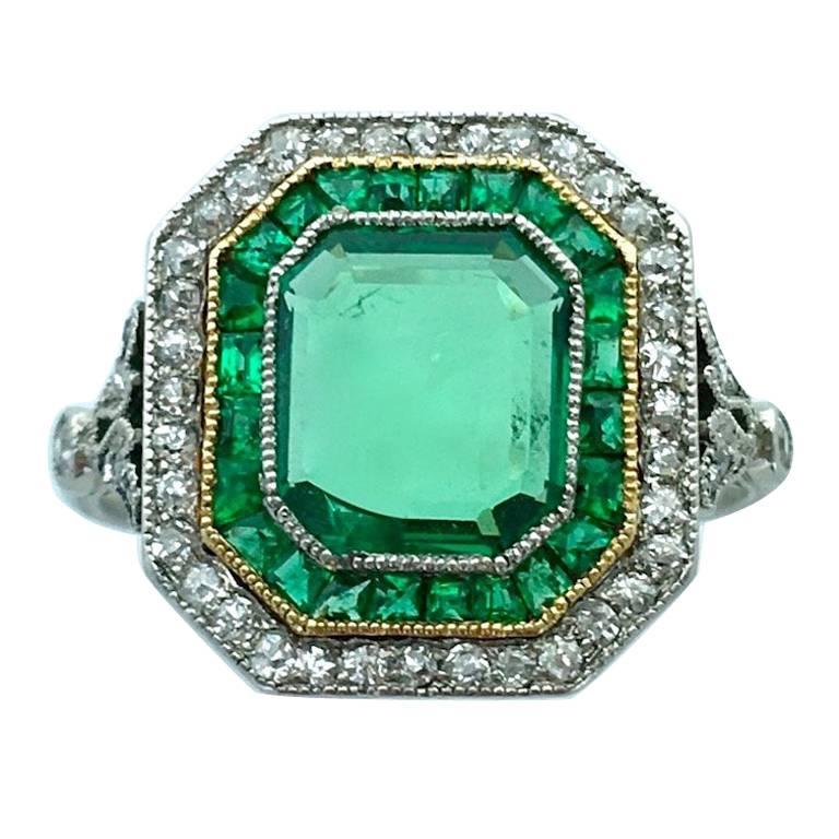 1930s Art Deco Emerald Diamond Gold Platinum Ring at 1stDibs