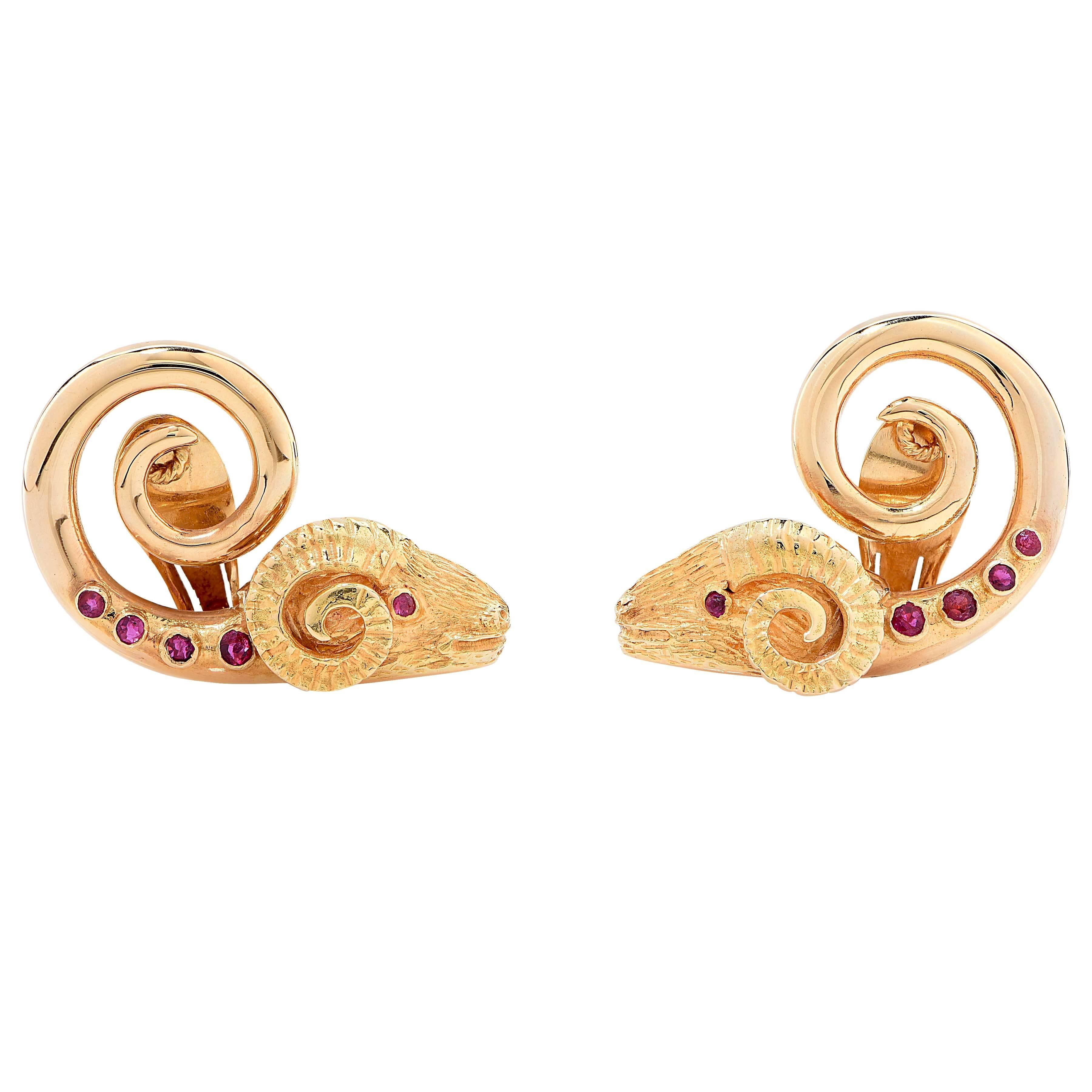 1960s Lalaounis Ruby Gold Ram's Head Ear Clips For Sale