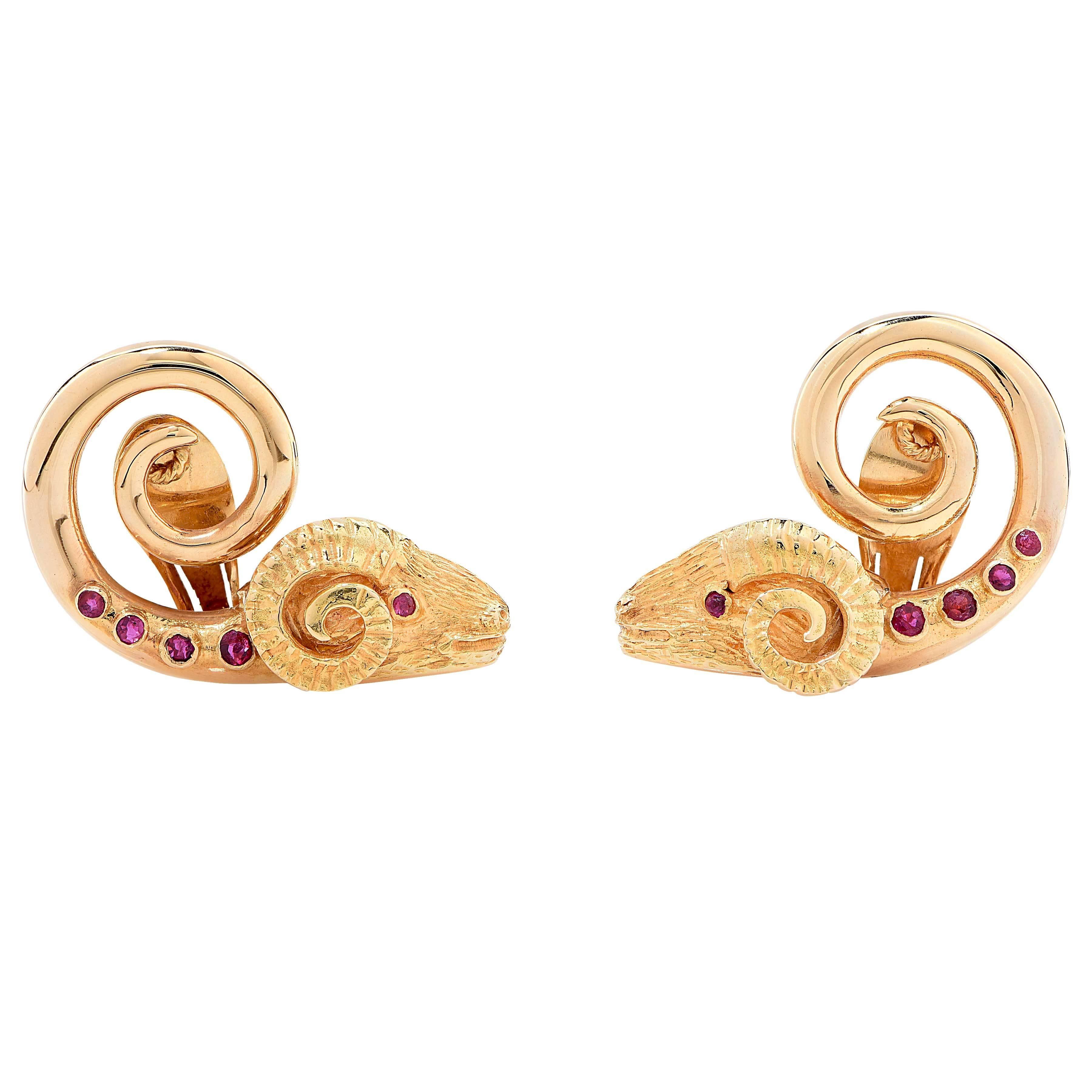 1960s Lalaounis Ruby Gold Ram's Head Ear Clips