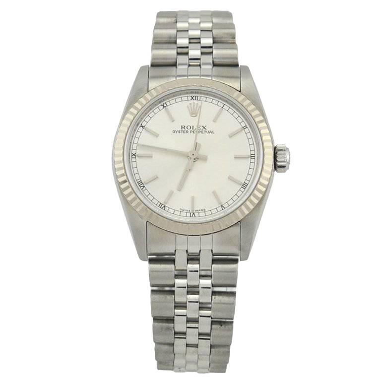 Rolex white gold stainless steel Oyster Perpetual Wristwatch Ref 77014 For Sale