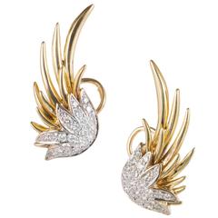 Diamond Yellow Gold Swirl Clip Post Earrings 2