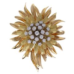 Diamond Gold Floral Sunburst Brooch