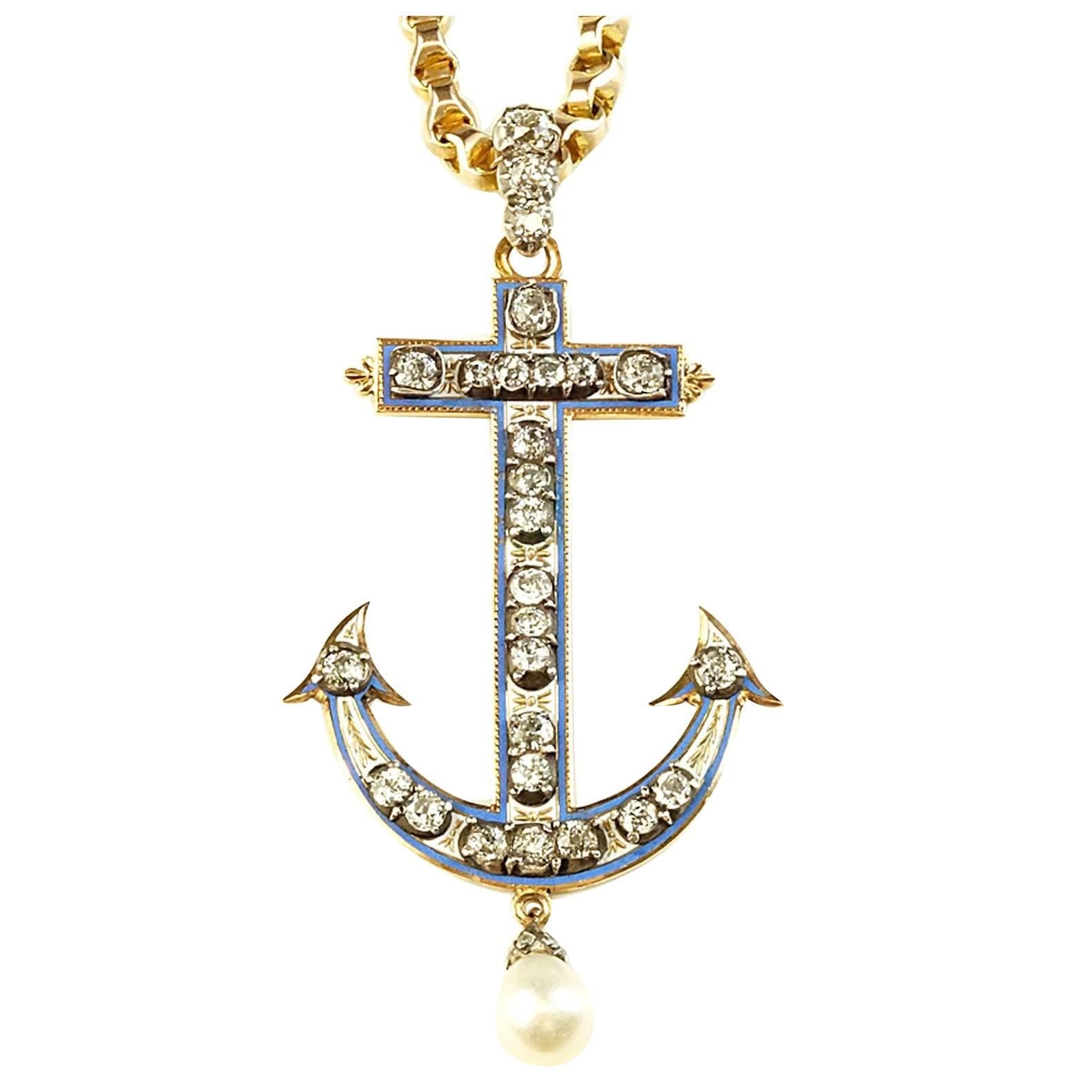 Antique Victorian Diamond Two Color Gold Anchor Pendant Necklace 