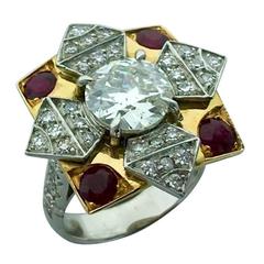 French Flower Star Diamond Ruby Gold Platinum Ring