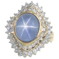 Blue Star Sapphire Diamond Ballerina Style Ring