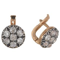 1870s Victorian Pair of Diamond Silver Gold Cluster Earrings