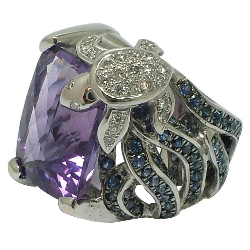 Charming Amethyst Sapphire Gold Turtle Ring For Sale