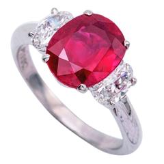 3.09 Carat Cushion Natural No Heat Ruby Diamond Platinum with Certificate