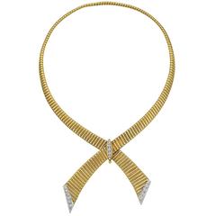 French Retro Diamond Gold Platinum Crossover Collar Necklace