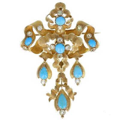 Antique Early Victorian Woven Hair Turquoise Gold Bow Brooch For Sale ...