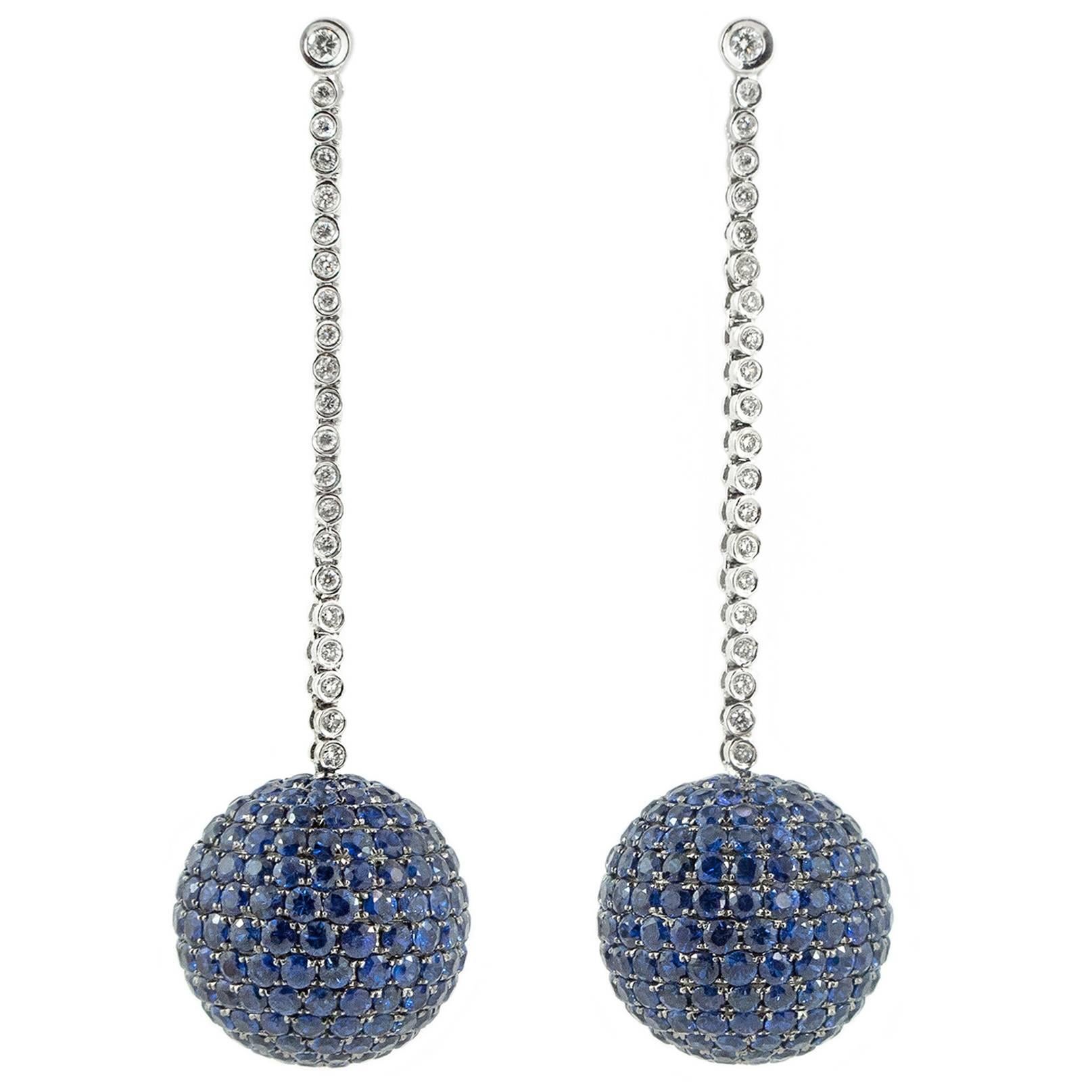 17.8 Carat Pavé Blue Sapphire and Diamond Earrings in 18 Karat White Gold For Sale