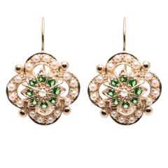 Diamond, Demantoid Garnet and Pearl Earrings