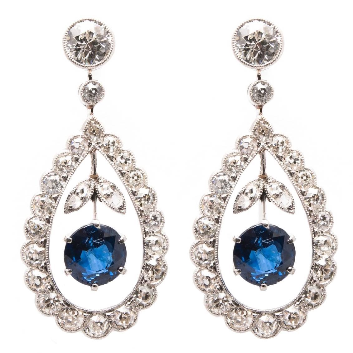 Edwardian Period Sapphire and Diamond Dangle Earrings in Platinum For Sale