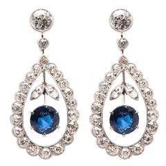 Antique Edwardian Period Sapphire and Diamond Dangle Earrings in Platinum