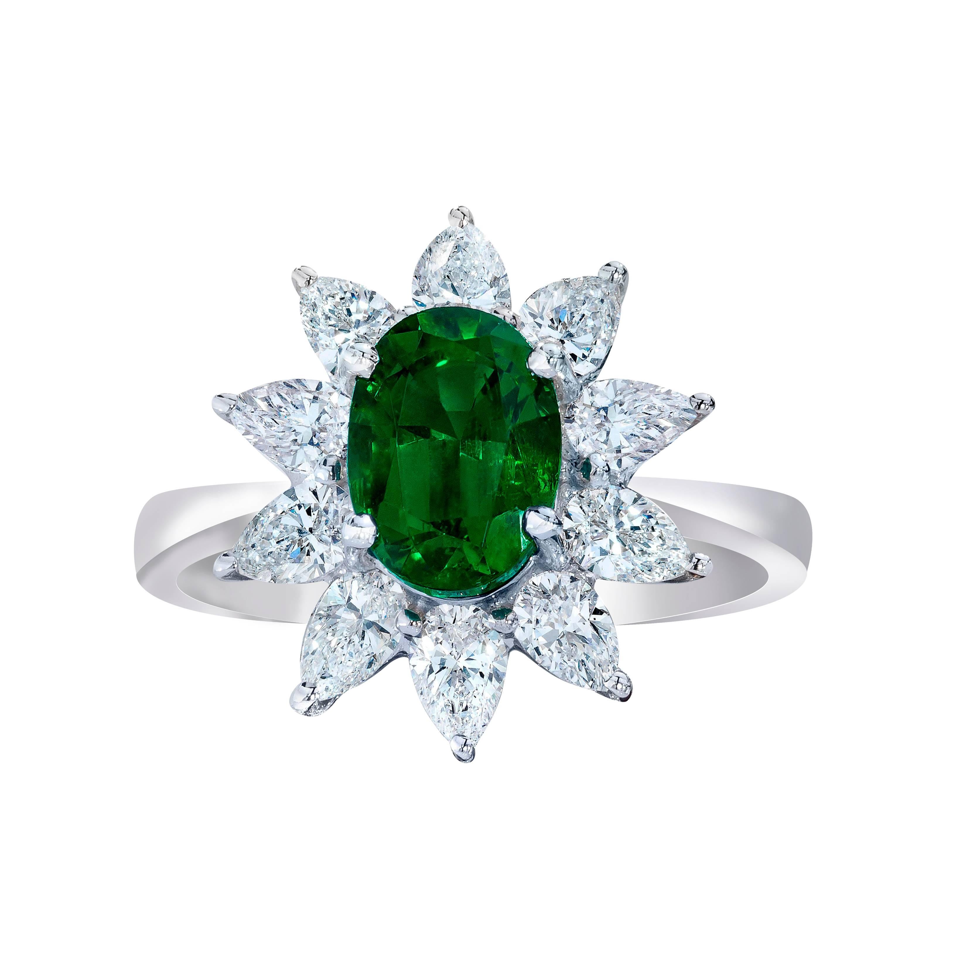 Roman Malakov 1.48 Carats Oval Cut Green Emerald with Diamond Halo Floral Ring  For Sale